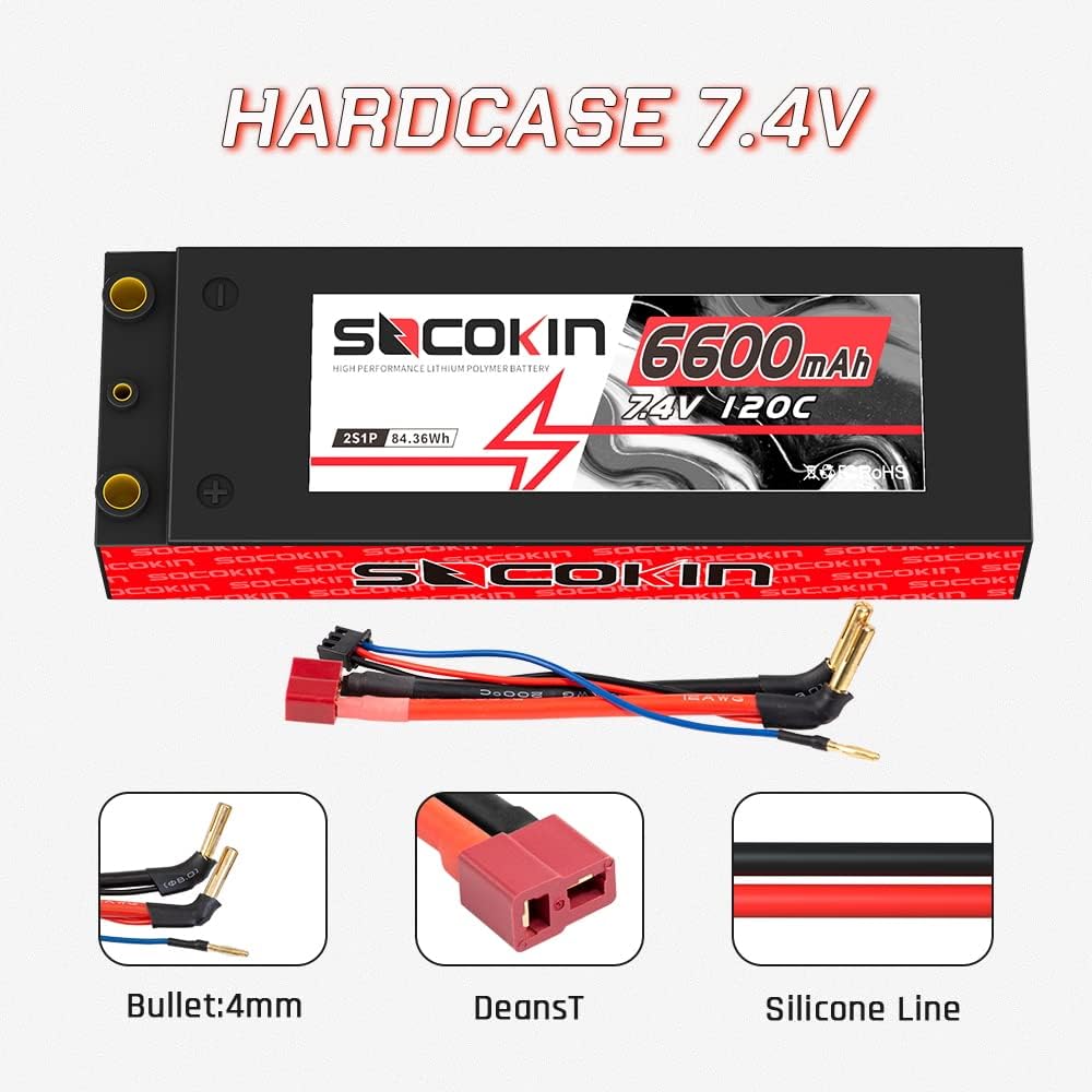 2 Pack 7.4V 2S 6200mAh 80C Hard Case Lipo Battery with Deans T F218