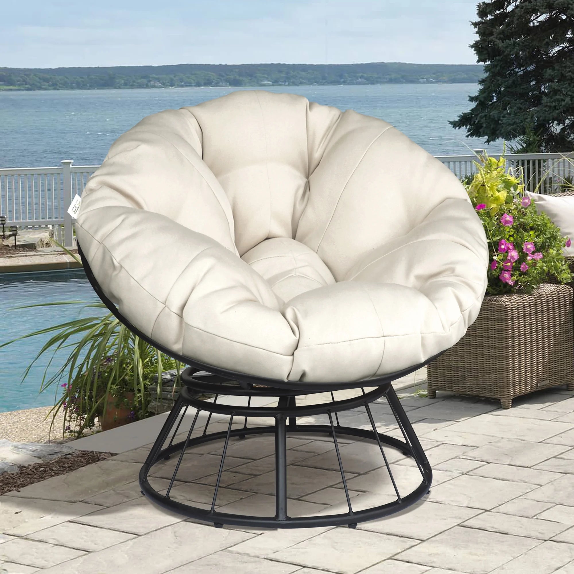 Beige 360-Degree Swivel Papasan Chair with Cushion L2195