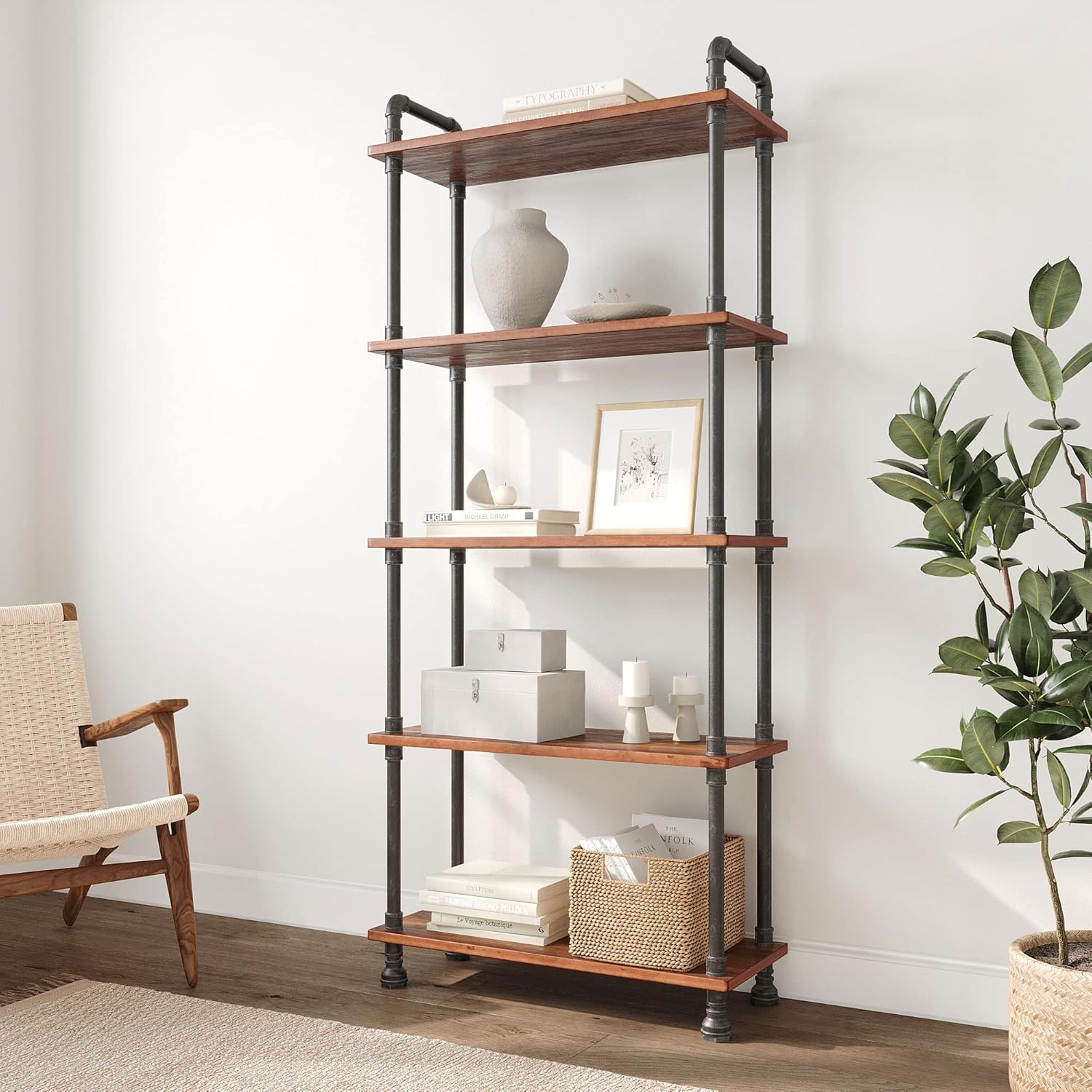 5-Tier Solid Pine Open Wood Bookcase, Brown M575861