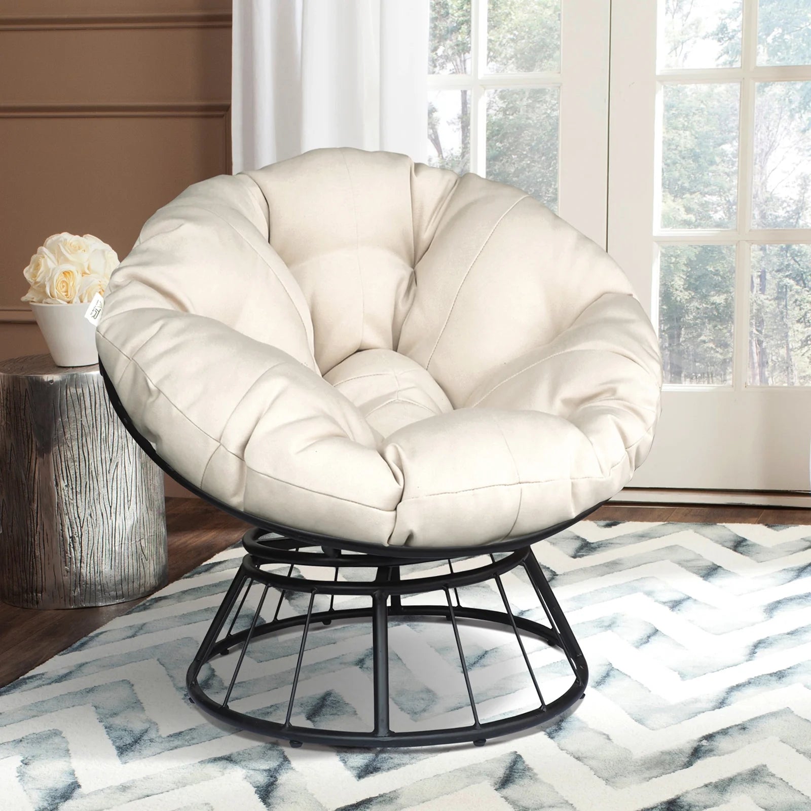 Beige 360-Degree Swivel Papasan Chair with Cushion L2195
