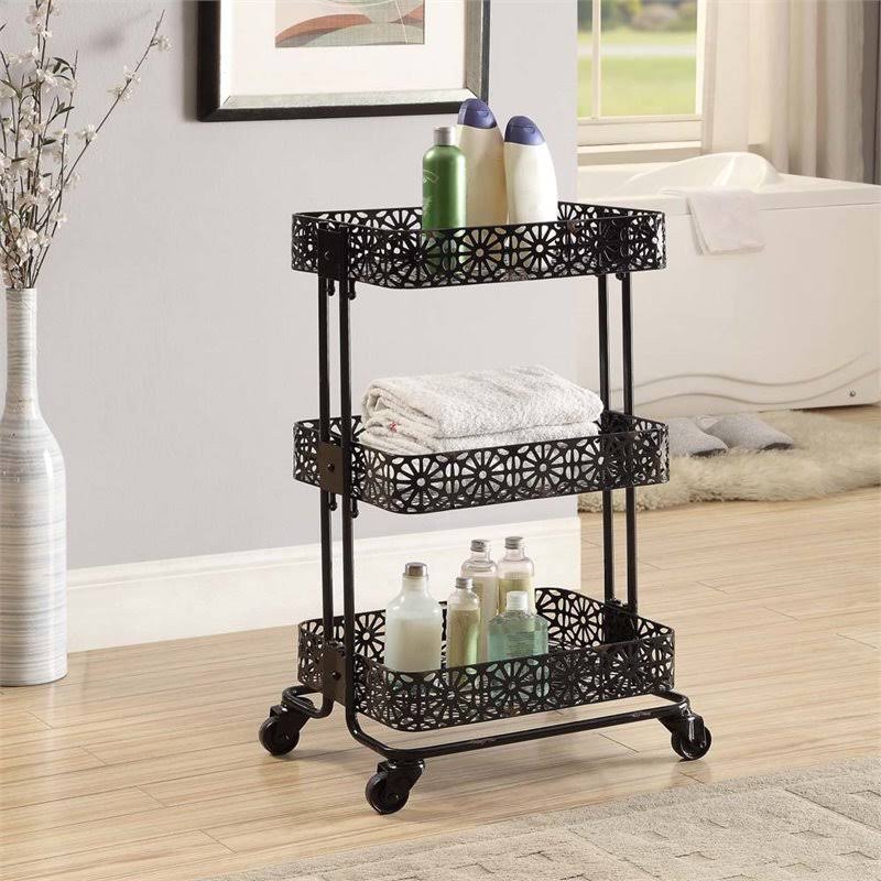 3 Tier Metal Serving Cart in Distressed Glossy Black I8635