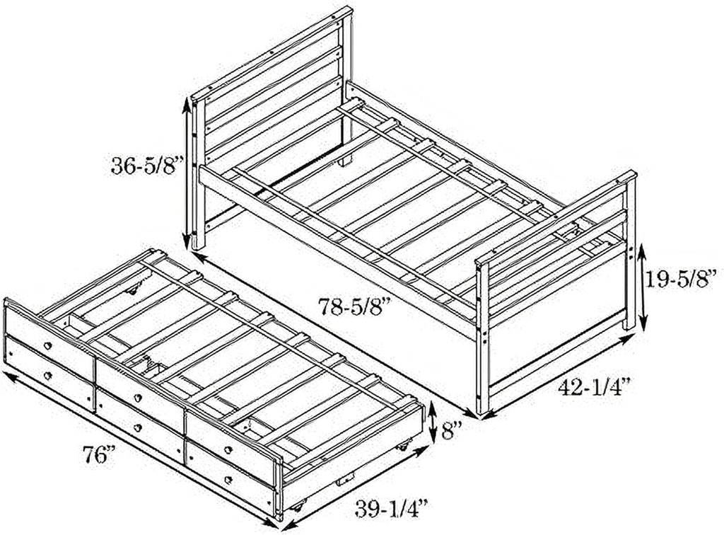 Twin Wood Platform Daybed Frame with Trundle and 3 Storage Drawers H930