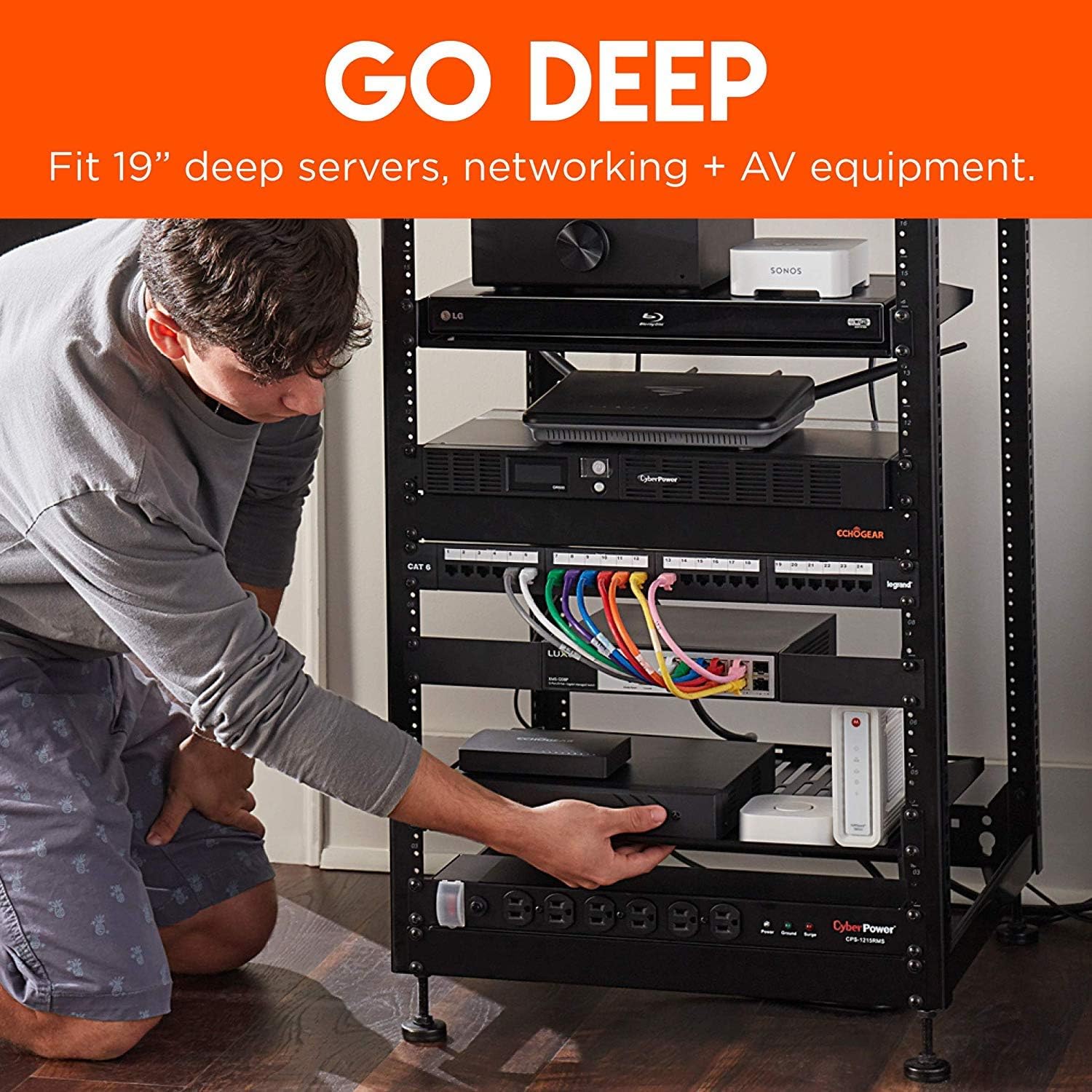 15U Open Frame 4 Post Rack with 2 Vented Shelves E34981