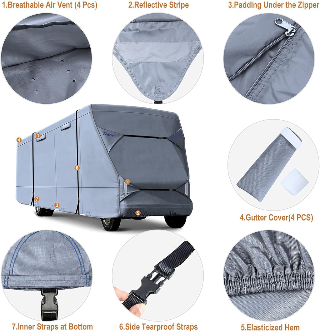 Rip-Stop 210D Class C RV Cover Windproof Waterproof Camper Cover with 2Pcs Extra Long Straps & Gutter Covers Z607