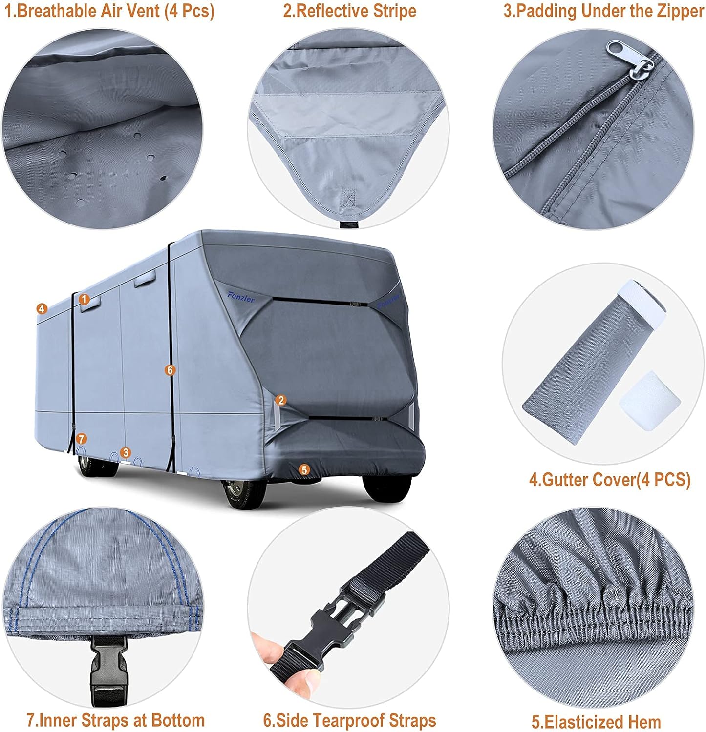 Rip-Stop 210D Class C RV Cover Windproof Waterproof Camper Cover with 2Pcs Extra Long Straps & Gutter Covers Z607