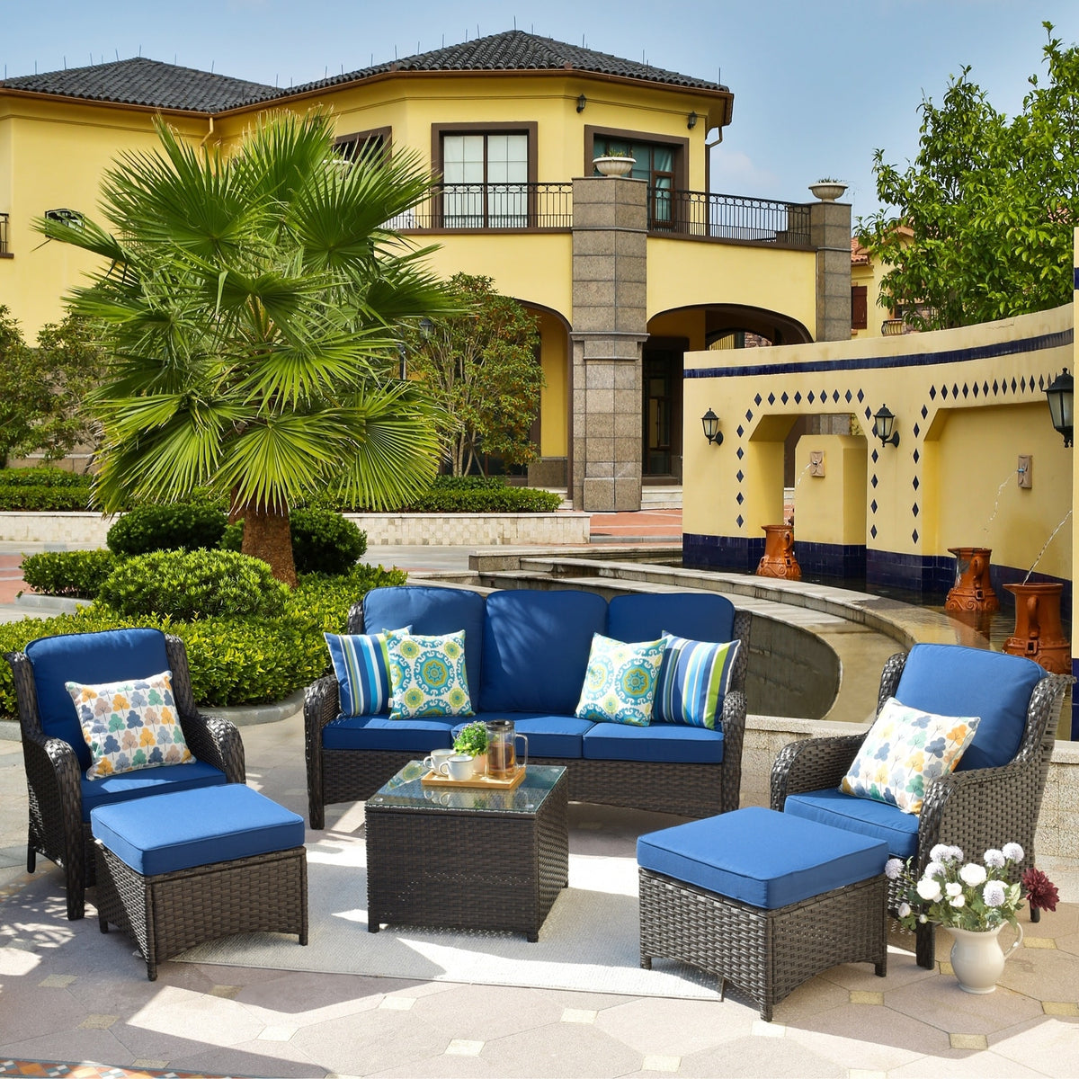 Beige 6-piece Wicker Sectional Set with Table I978