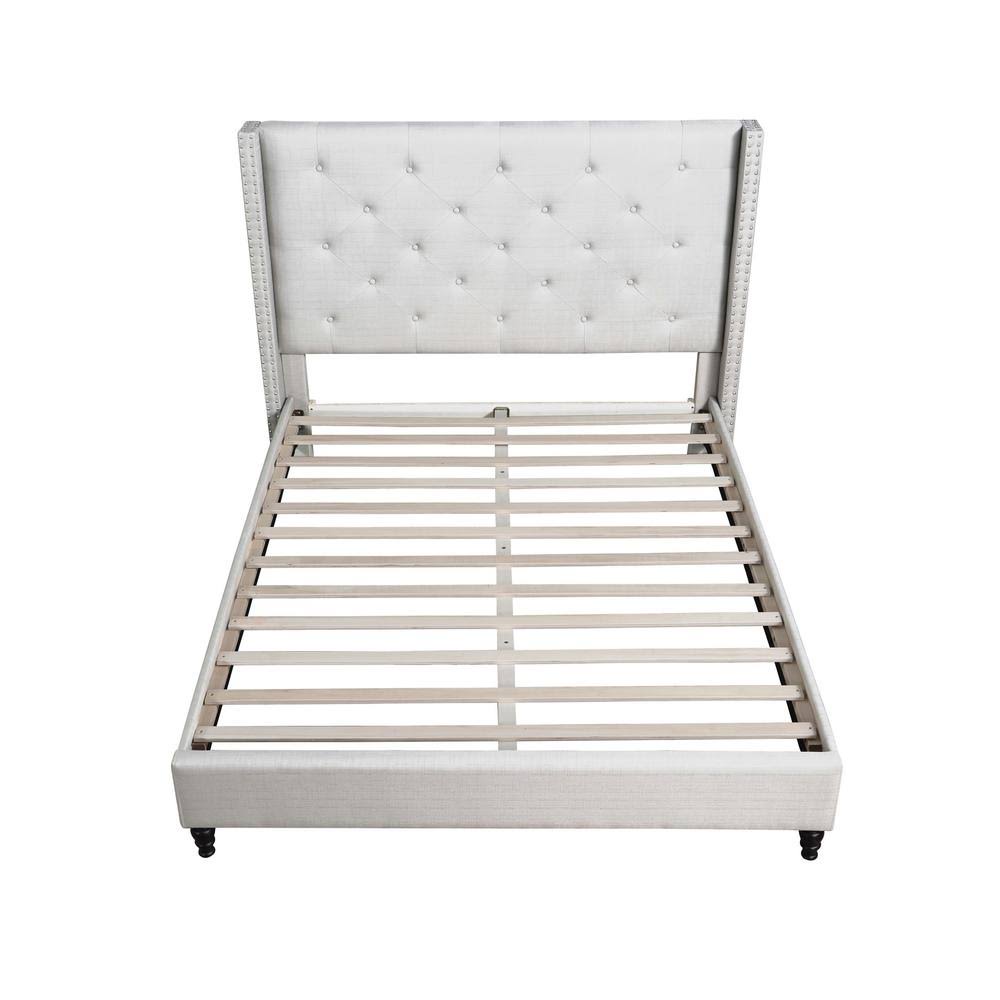 Beige Linen Blend Upholstered Wingback Platform Bed L1970