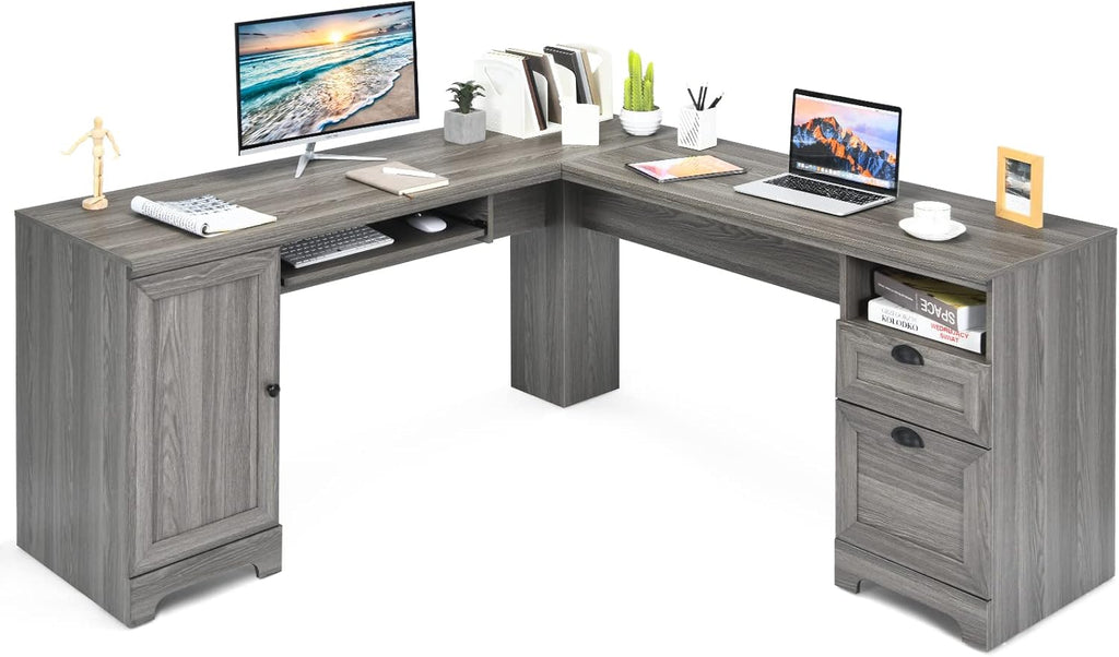 Brown L-Shaped Corner Computer Desk with Drawers and Storage Cabinet I45144