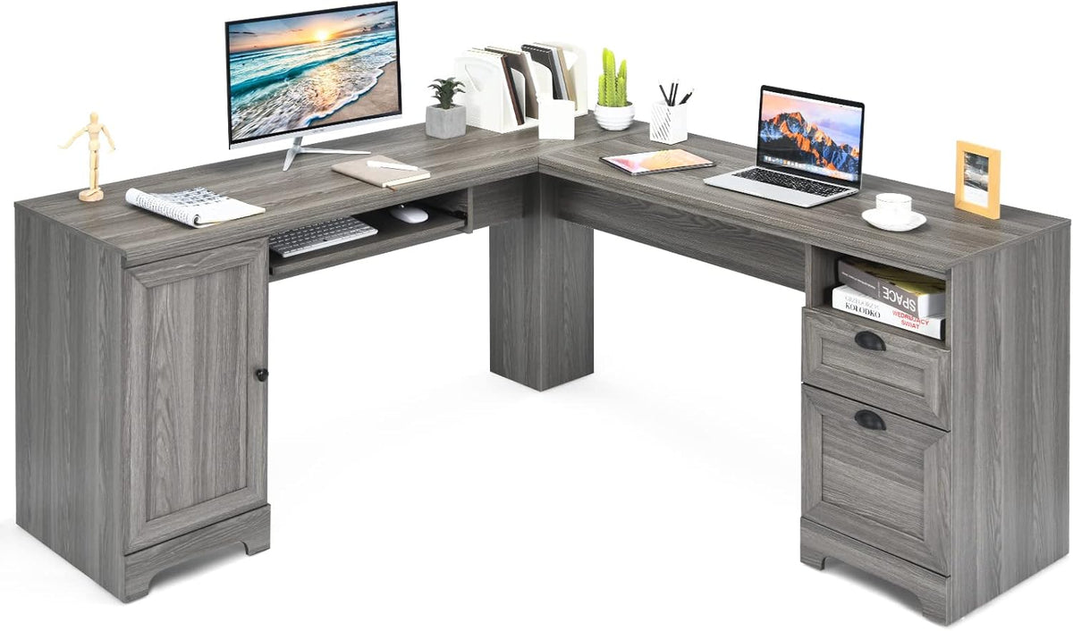 Brown L-Shaped Corner Computer Desk with Drawers and Storage Cabinet I45144