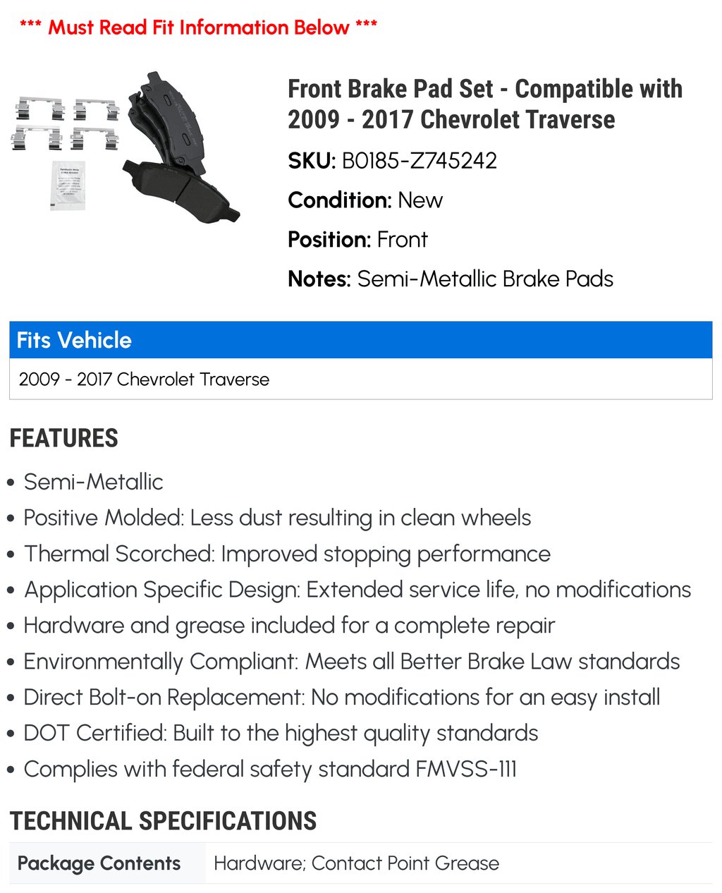 Front Brake Pad Set D845935