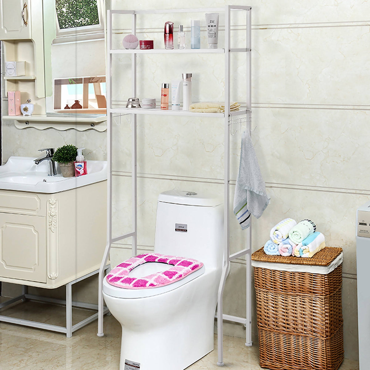 Over-the-Toilet Storage Bathroom Shelf with 2 Tier Rack - Oak Finish - White E486