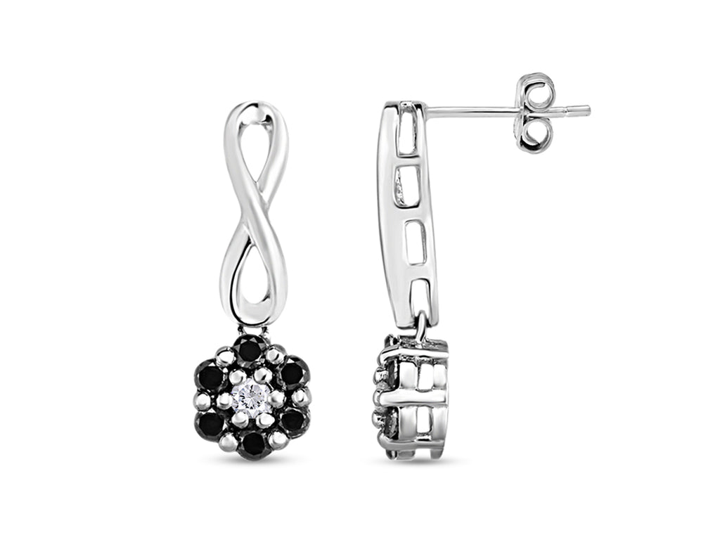 1/2 Carat Round Black & White Diamond Flower Cluster Drop Earrings in 14K White Gold Over Sterling Silver Y85881