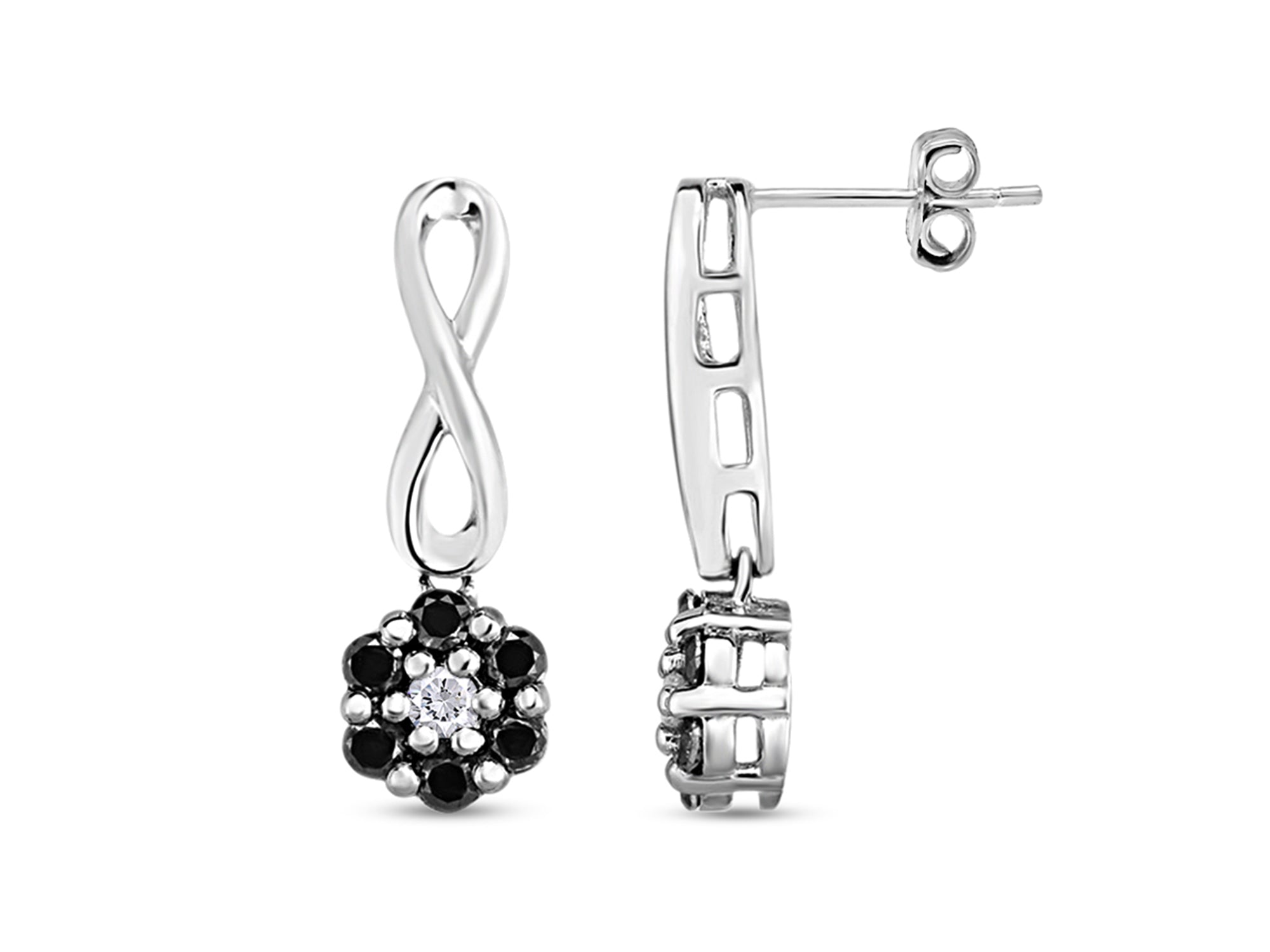 1/2 Carat Round Black & White Diamond Flower Cluster Drop Earrings in 14K White Gold Over Sterling Silver Y85881