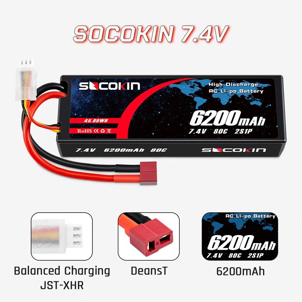 2 Pack 7.4V 2S 6200mAh 80C Hard Case Lipo Battery with Deans T F218