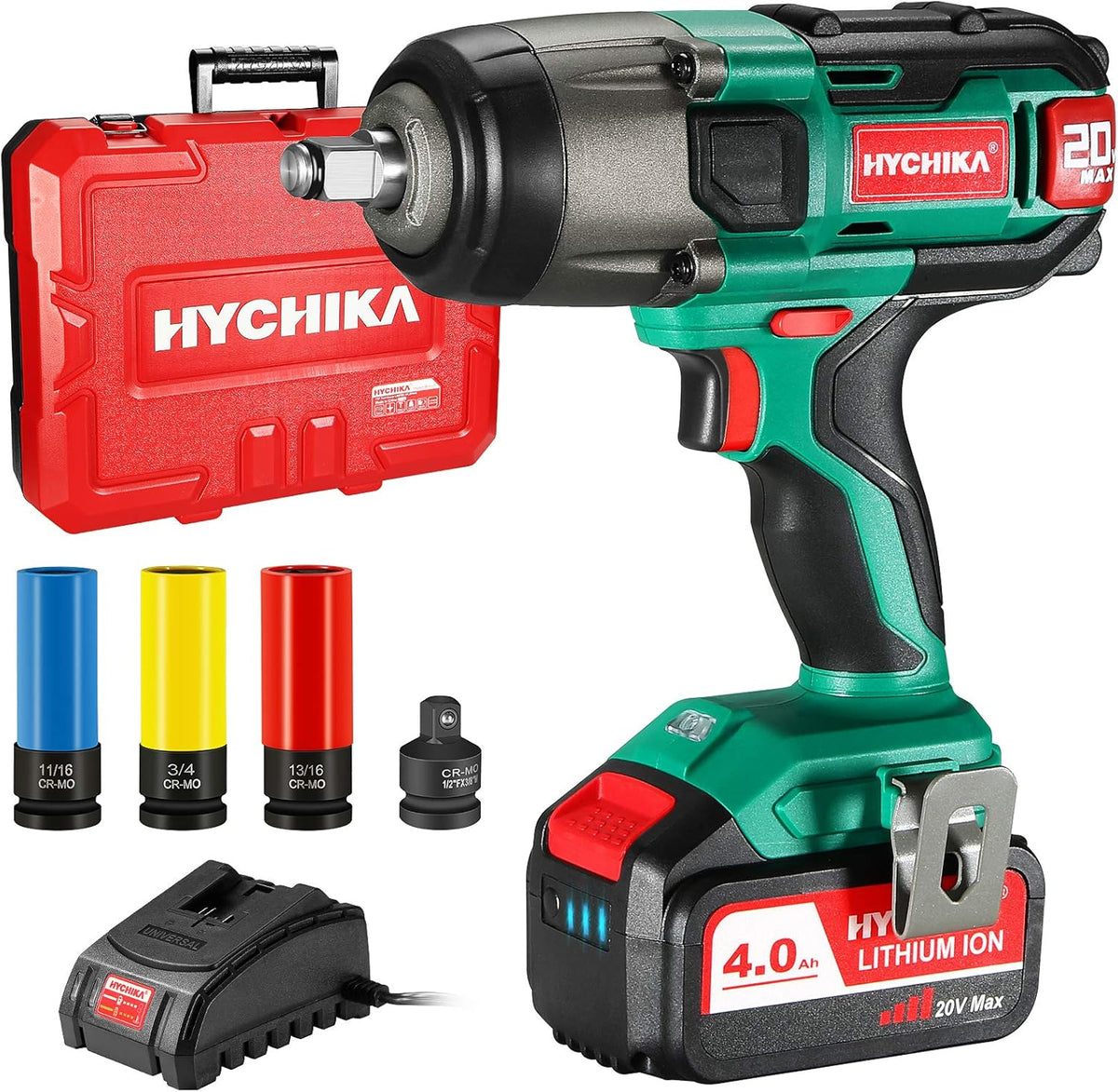 Cordless Impact Wrench 20V Max, 260 Ft-lbs Max Torque, 1/2 Metal Chuck, 4.0 AH Battery, LED Light, 3 Pcs Sockets, Carrying Case M2952