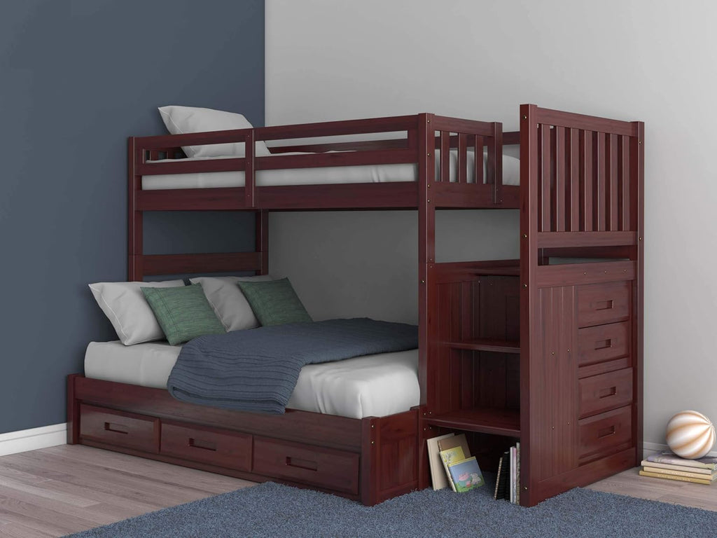 Twin Over Full Staircase Bunk Bed with 3 Drawers in Merlot Finish W72531