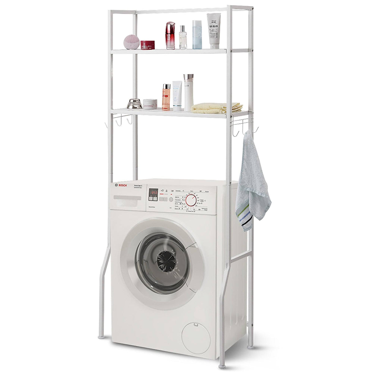 Over-the-Toilet Storage Bathroom Shelf with 2 Tier Rack - Oak Finish - White E486
