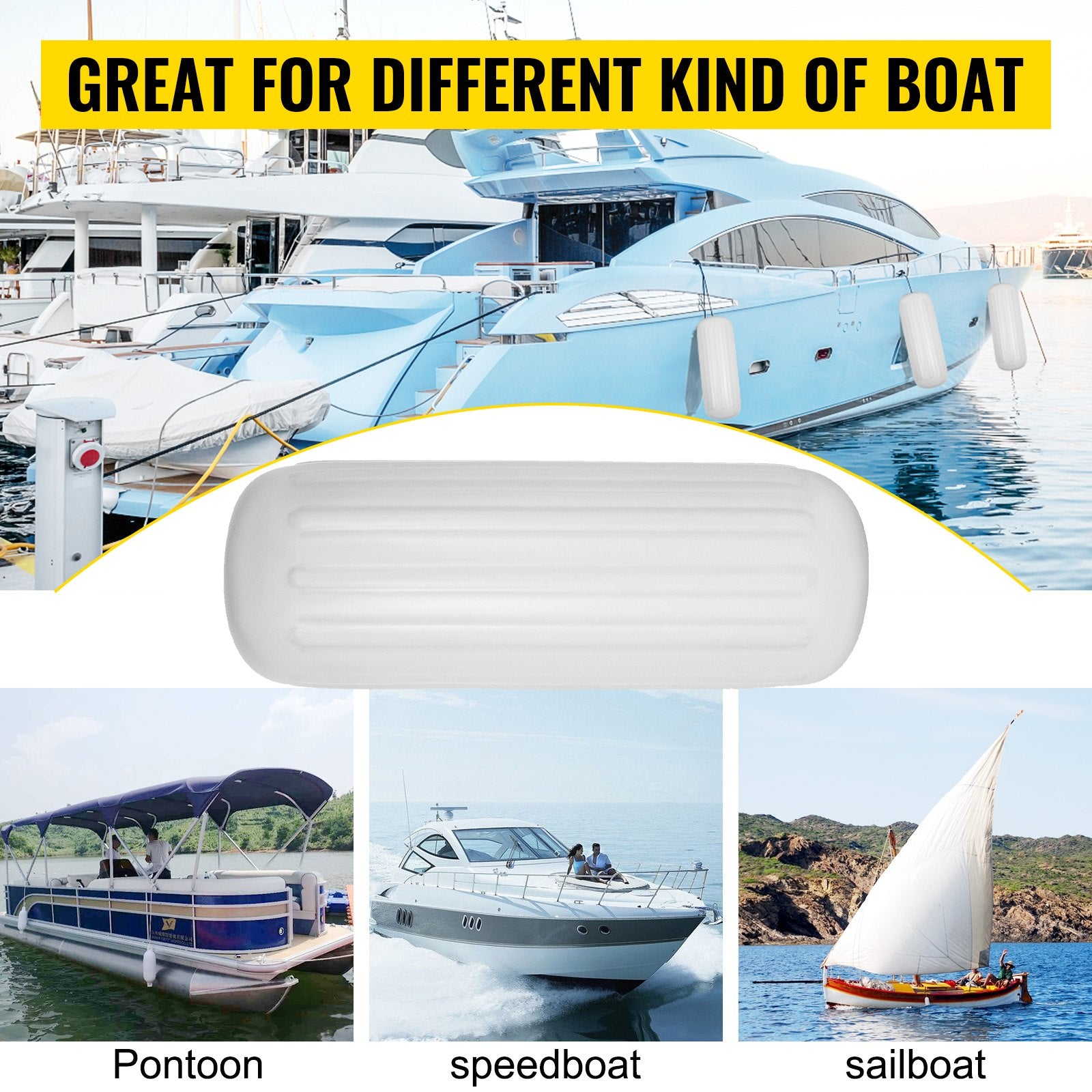 4 Pack Large 10x28 White Ribbed Boat Fenders with Center Hole D481