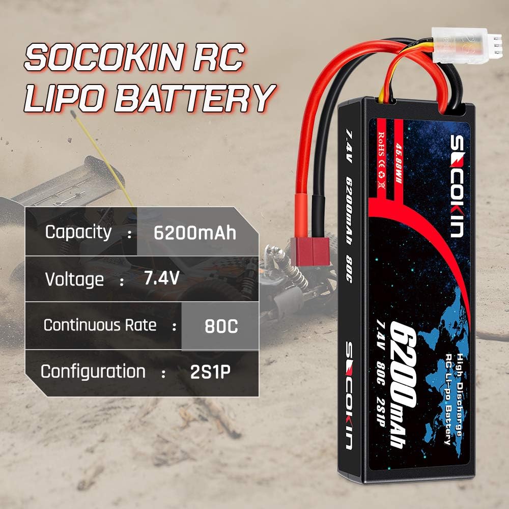 2 Pack 7.4V 2S 6200mAh 80C Hard Case Lipo Battery with Deans T F218
