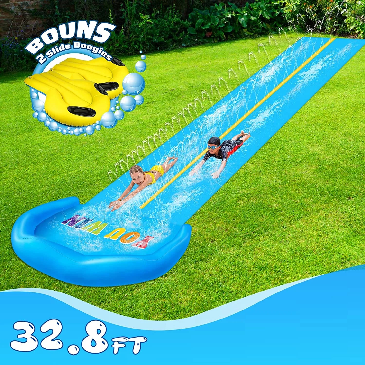 32.8FT Inflatable Water Slide with 2 Bodyboards & 2 Racing Lanes O896