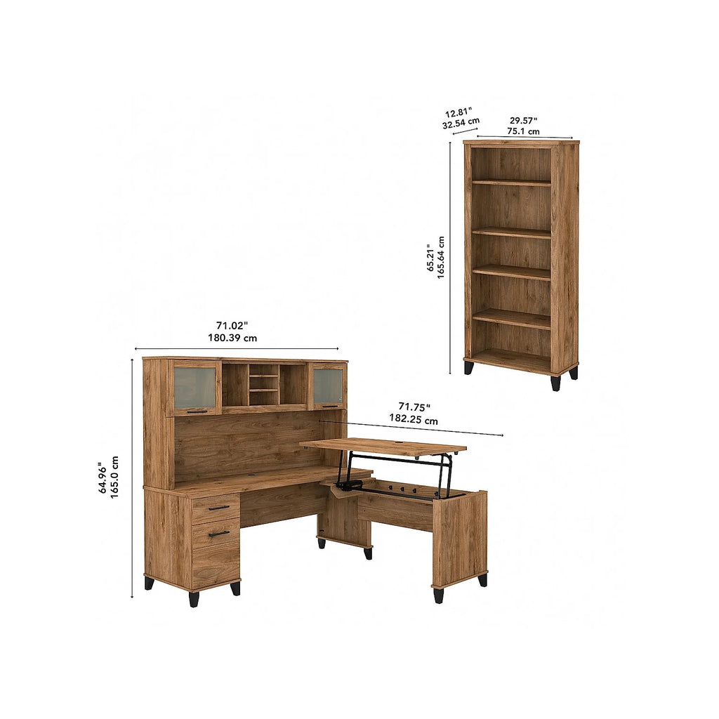 Fresh Walnut Sit to Stand L Desk Set with Bookcase H1228