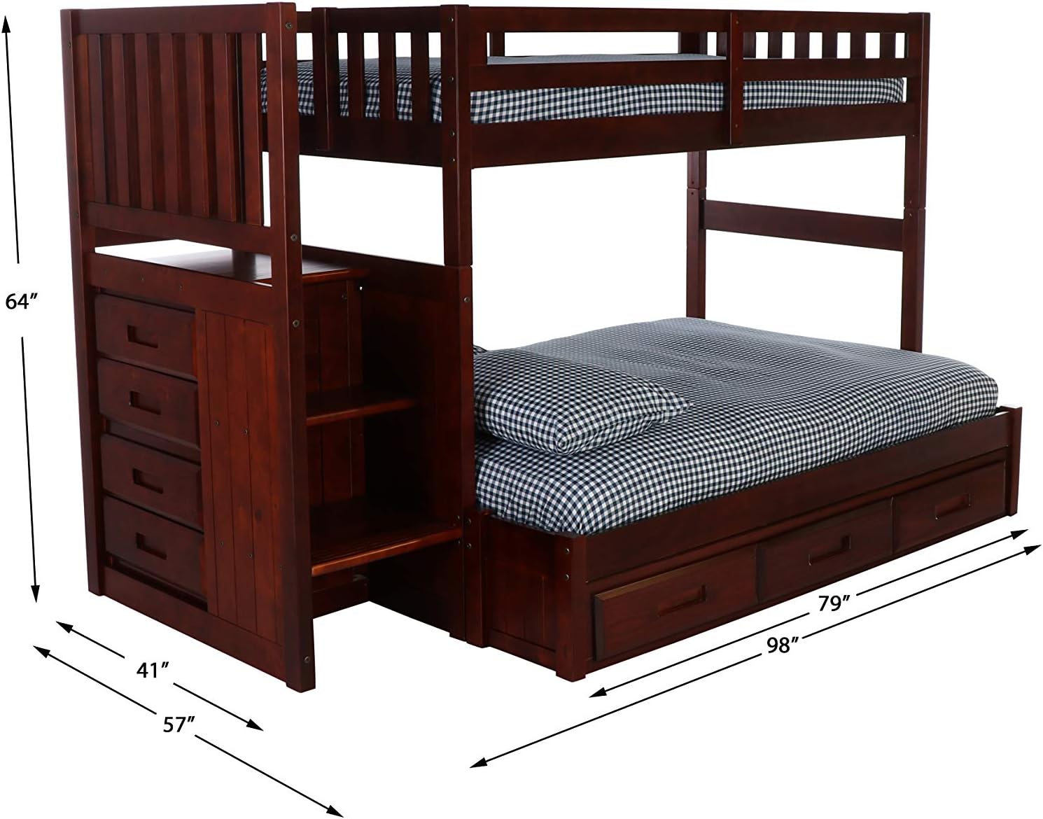 Twin Over Full Staircase Bunk Bed with 3 Drawers in Merlot Finish W72531