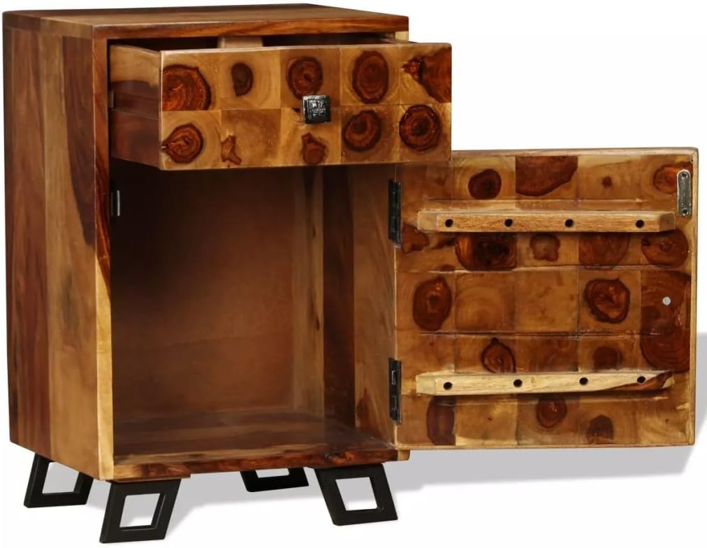 Solid Sheesham Wood Nightstand with Iron Legs and Storage Drawer Q29356